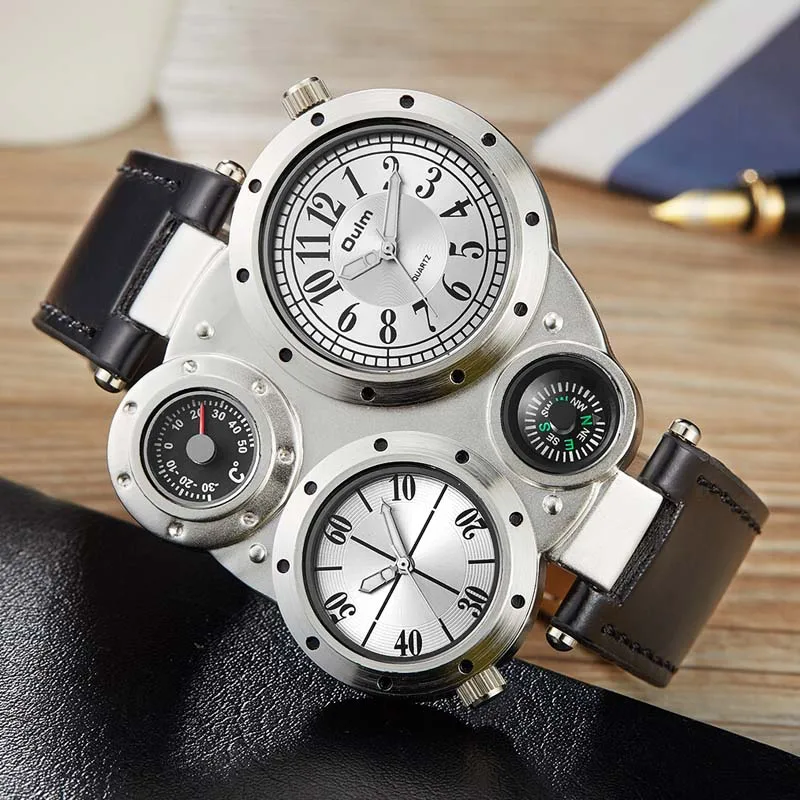 

Модные уникальные часы Oulm, мужские спортивные часы с двумя часовыми поясами, кварцевые часы с большим циферблатом, повседневные часы с кожаным ремешком, мужские часы