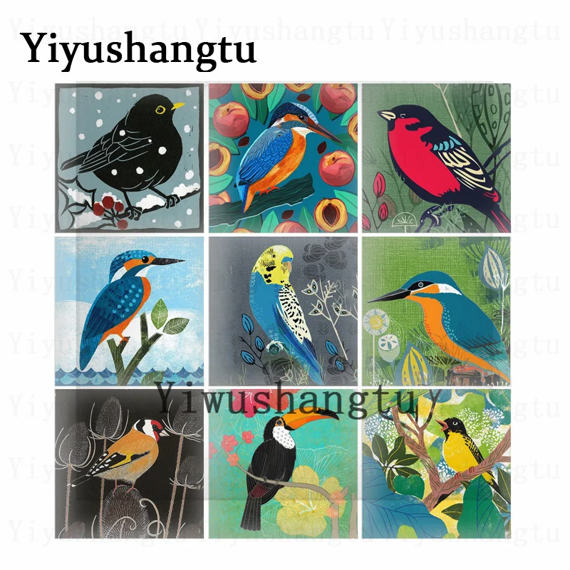 Новинка квадратный фотокабошон с акварелью очаровательными птицами в ветках 12