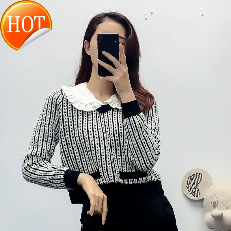 

Niche design autumn and winter new bowknot doll collar striped sweater slim and versatile T-shirt girl