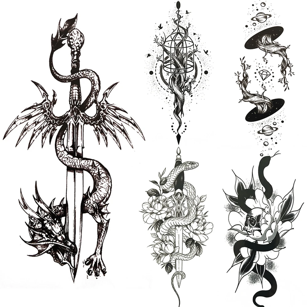 Black Dragon King Temporary Tattoo For Men Women Tree Snake Flower Tattoos Waterproof Unique Sword Flash Fake Tatoos Armbands