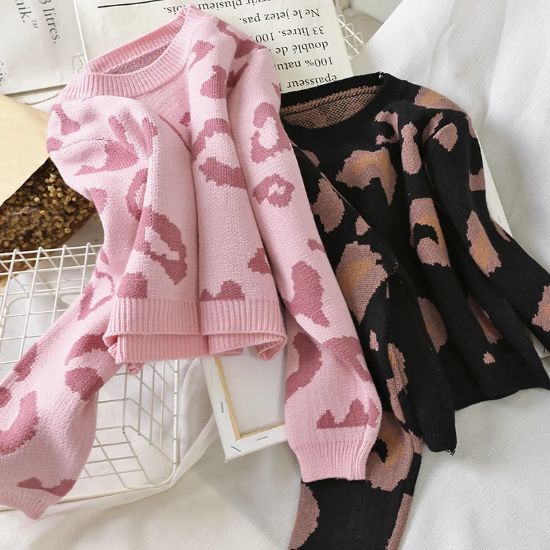 7738 милый свитер с леопардовым принтом короткий пуловер длинным рукавом Женская