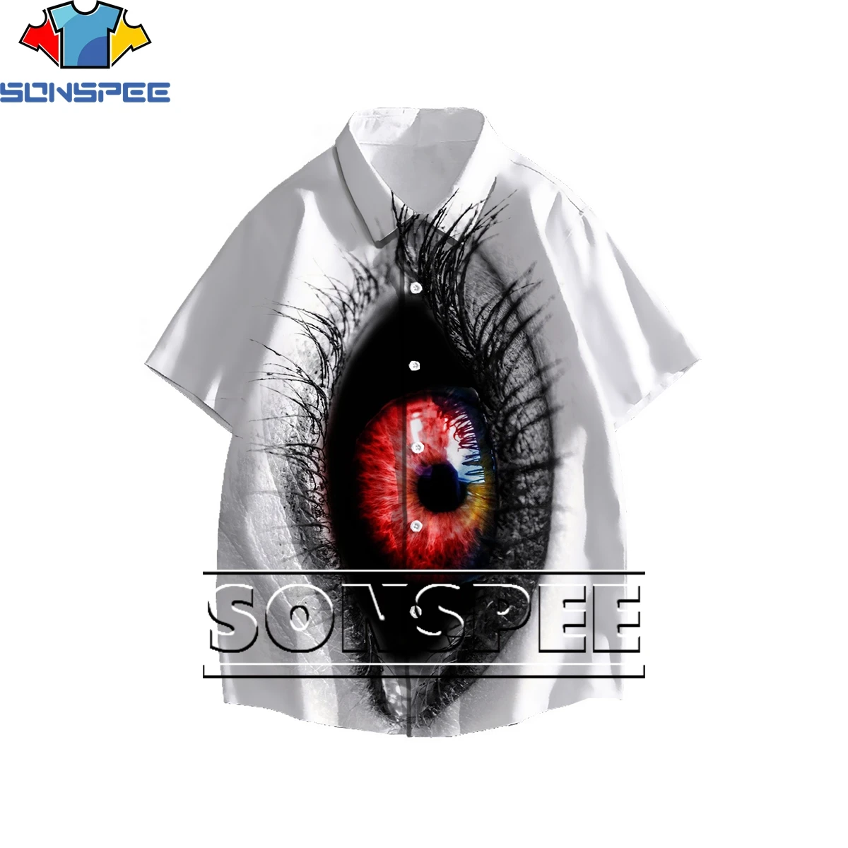 

SONSPEE New Horror Funny Eye of The Devil 3D Print Men's Shirt Summer Original Casual Otaku Hawaiian Beach Buttons Oversize Top