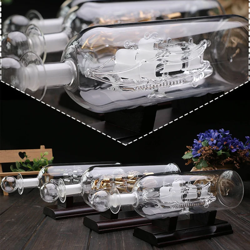 

24*10.2cm Sailboat Drifting Bottle With Wooden Base 3D Decorative Glass Ornament Ship In Wine Bottle Botellas De Cristal Garrafa