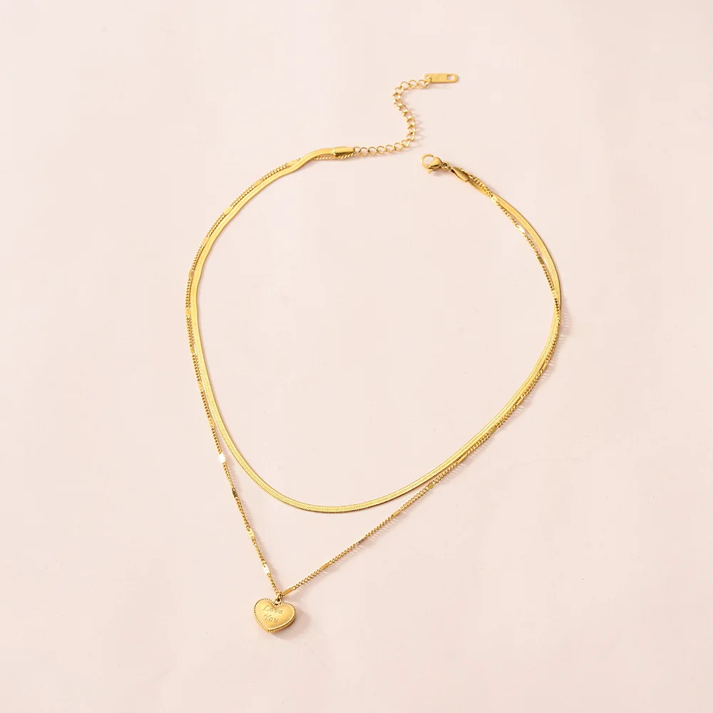 

XIYANIKE 316L Stainless Steel 2 Layer Gold Color Heart Necklaces Snake Bone Chain Choker Necklaces 2021 Female Fashion Collier