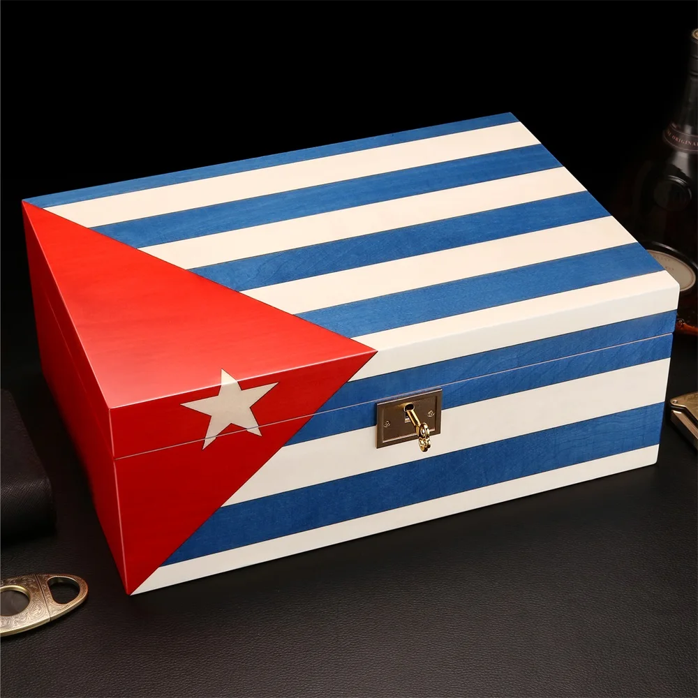 

Cuban Flag Humidor Large Capacity Fit For 137pcs Spanish Cedar Wood Cigar Humidor With Humidifier Hygrometer 2 Layers Cigar Box