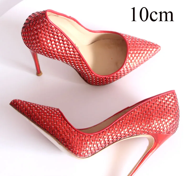 10cm red Женские туфли-лодочки из натуральной кожи на высоком каблуке; женские туфли на шпильке; Цвет серебристый, золотой, красный; вечерние и свадебные туфли; большие размеры 33-46 - Цвет: 10cm red