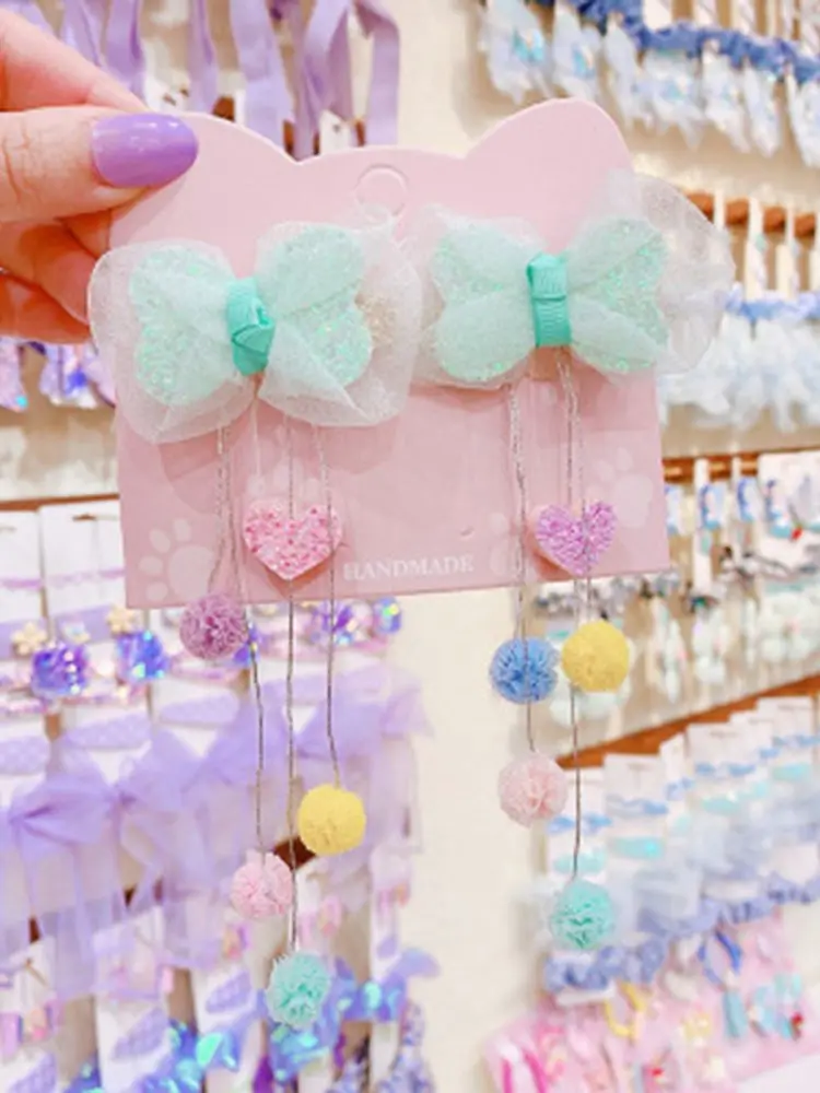 

1pair Organza Glitter Net Yarn Bow Love Hair Ball Tassel Hairpin Children's Side Clip Hair Accessories Side Clip Tassel Hairpin