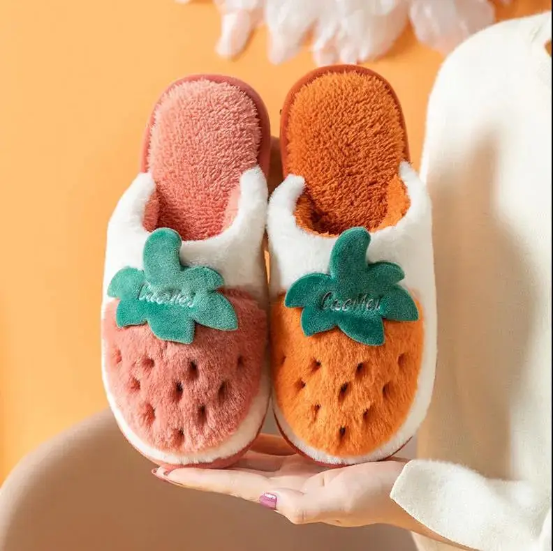 

New Autumn Winter Woman Warm Cotton Slippers Indoor Floor Thick Bottom Couples Home Fruit Shoes Soft Bottom Fur Slippers Women