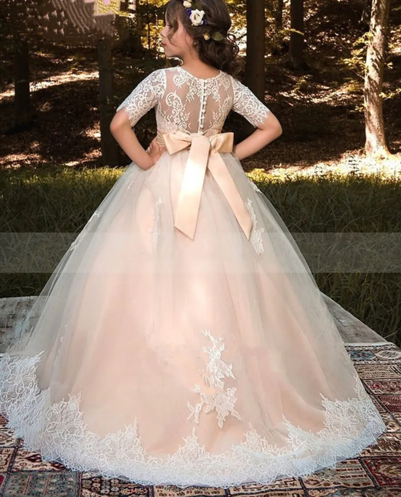 

Gorgeous Ivory Lace Tulle Long Flower Girl Dress With Beaded Sash Princess Pageant Gown First Communion Dress Custom