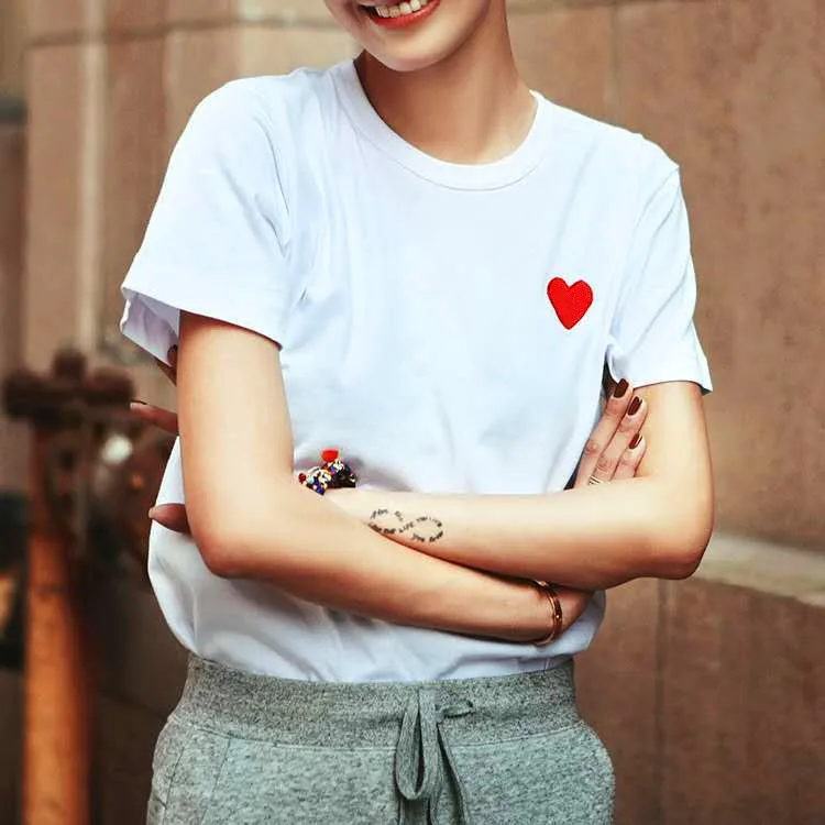 

O Neck Pullover Short Sleeve T Shirt Women Heart Pattern Loose Lovers Cotton Tees Summer New Causal Wild Ladies Top