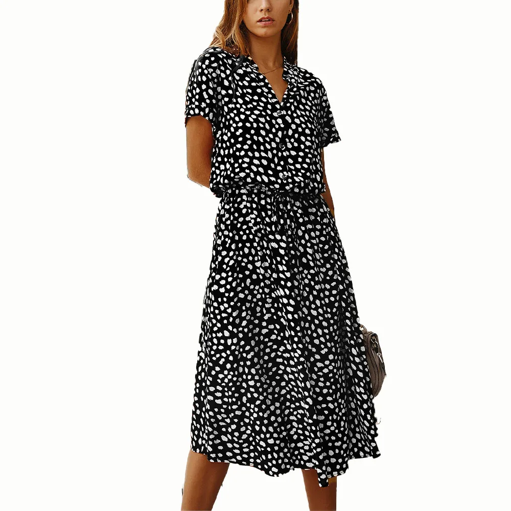 

Fashion Ladies Polka Dot Short Sleeve Dress Shirt Collar Dress