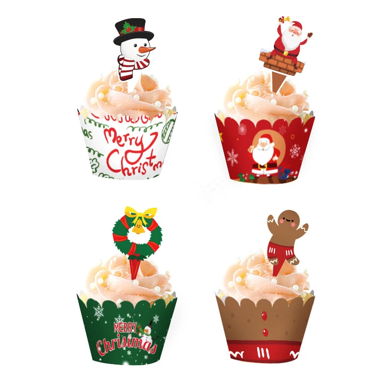 

12pcs Christmas Cupcake Toppers Wrappers Santa Claus Snowmen Wreath Gingerbread Cupcake Toppers Cake Table Decorations Supplies