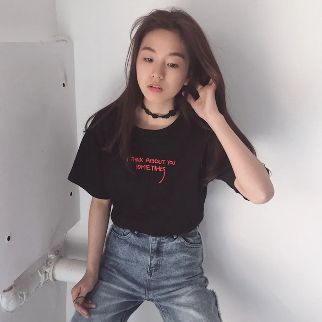 Летние топы, корейский Ulzzang Harajuku, вышивка, короткий рукав, женские повседневные рубашки, футболка,, новинка#0911