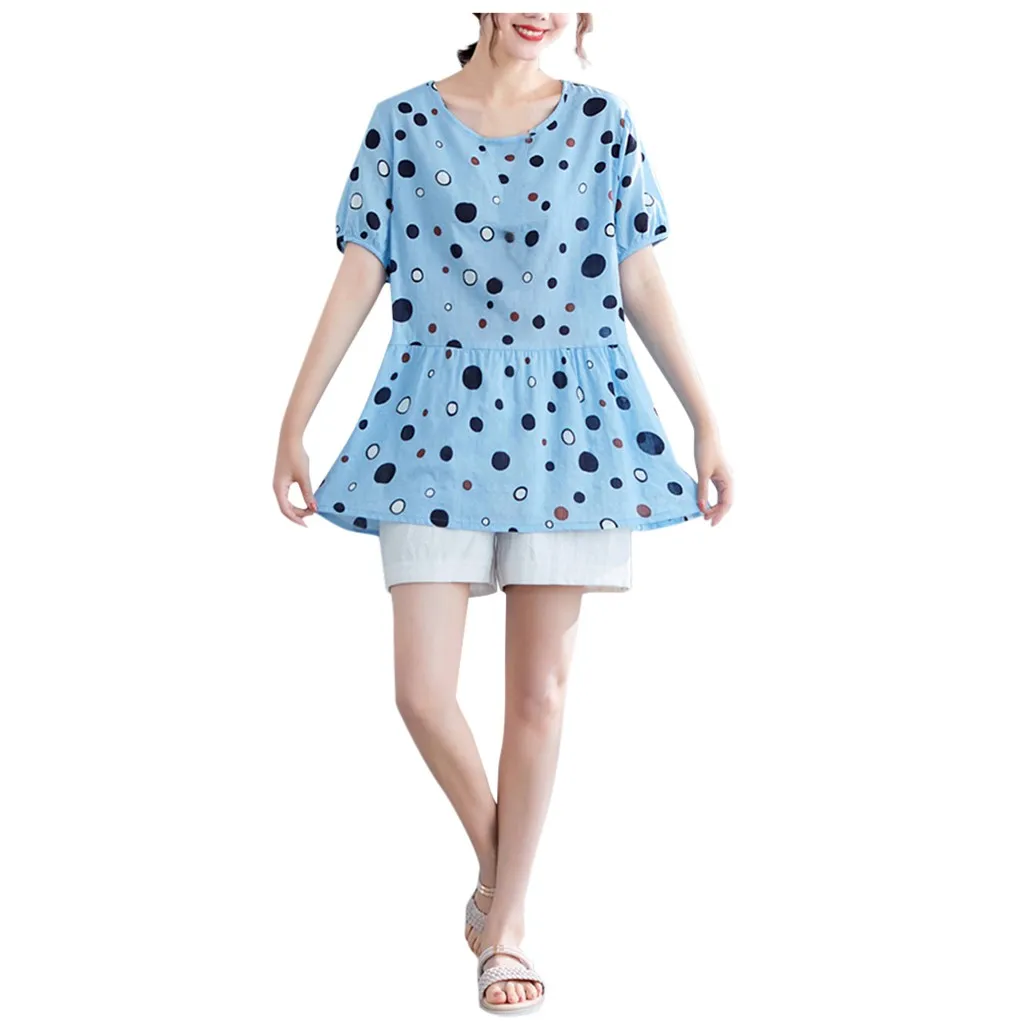 Women's Cute Polka Dot Printing O-Neck Short Sleeve Blouse Summer Shirt New Woman Slim Fit Tight Retro Tops | Мать и ребенок
