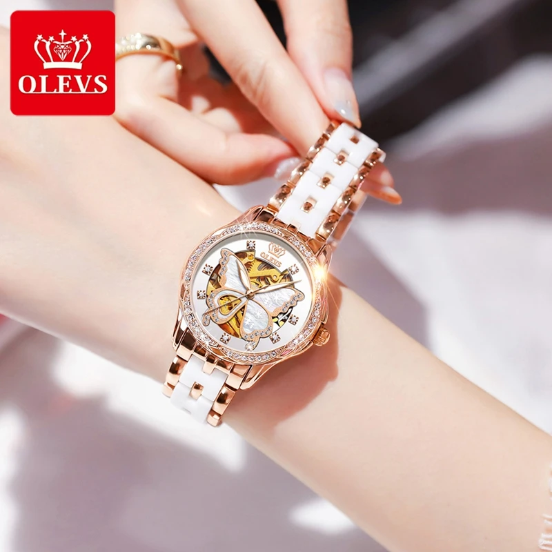 OLEVS Women Mechanical Watches Ceramic Steel Strap Luxury Butterfly Dial Automatic Ladies Watch Valentine's Day Gift Reloj Mujer