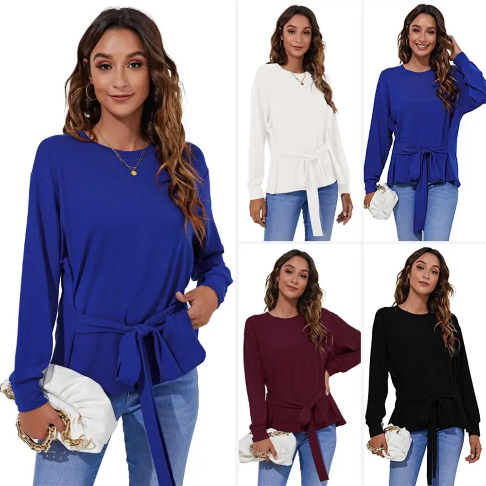 

Autumn Winter New Women's Round Neck Simple Fashion Lace Up Solid T-shirt Female Casual Outer Elegant Lace Up Tops