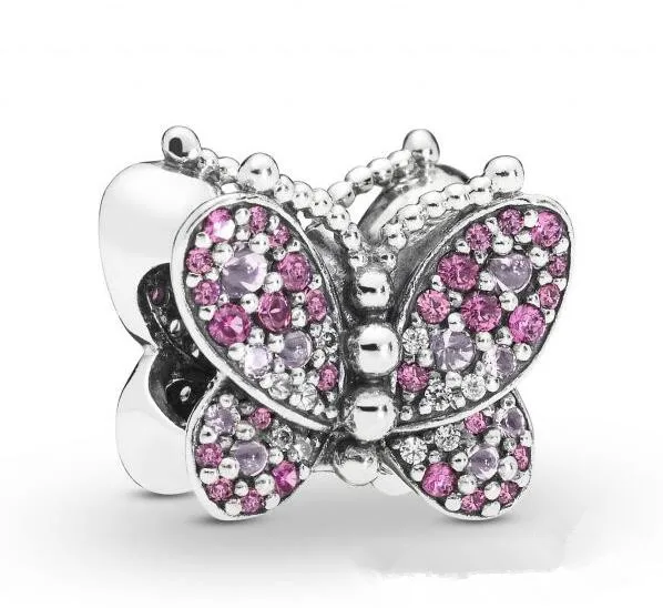 

Genuine 925 Sterling Silver Bead Dazzling Pink Butterfly Charm Beads Fit fashion Women Bracelet & Necklace Diy Jewelry