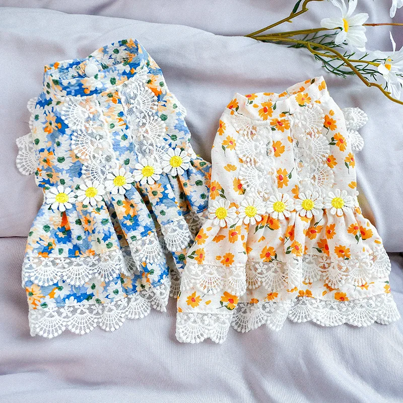 

Pet Dresses Lace Floral Dress Girl Dog Clothes Cat Clothing Cute Skirts Blue Puppy Clothes Ropa De Perro
