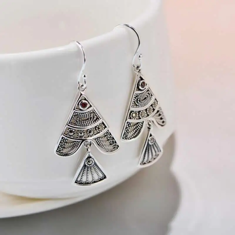 

Серьги из чистого серебра S925, Женские винтажные серьги с рыбками-подвесками