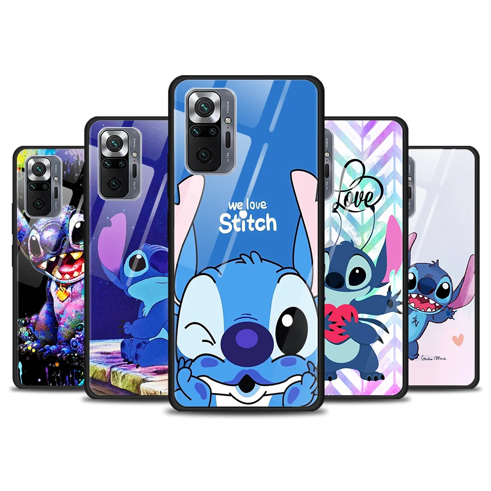 

Stitch cute cartoon for Xiaomi Redmi Note 10 Pro Max 10S 9T 9S 9 8T 8 7 Pro 5G Luxury Tempered Glass Phone Case Cover