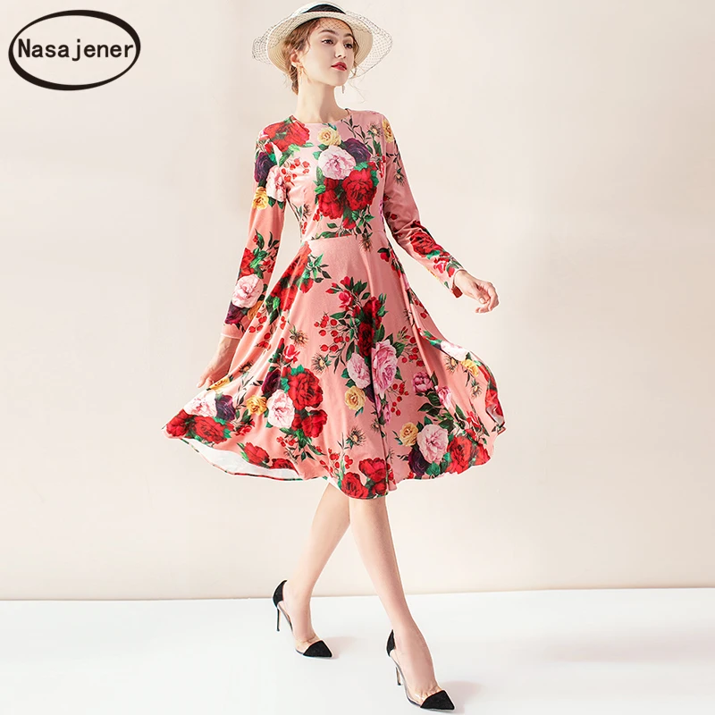 Женская Осенняя Новая мода Элегантный Ретро Пион печати Сбор талии темперамент