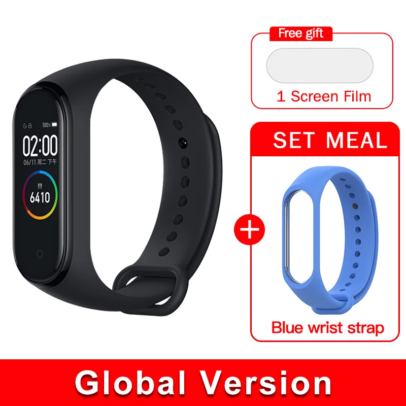 EN Add Blue Strap Глобальная версия,, xiaomi mi band, 4 цвета, экран,, новейший музыкальный умный Браслет, пульсометр, фитнес, 135 мА/ч, bluetooth 5,0 - Цвет: EN Add Blue Strap