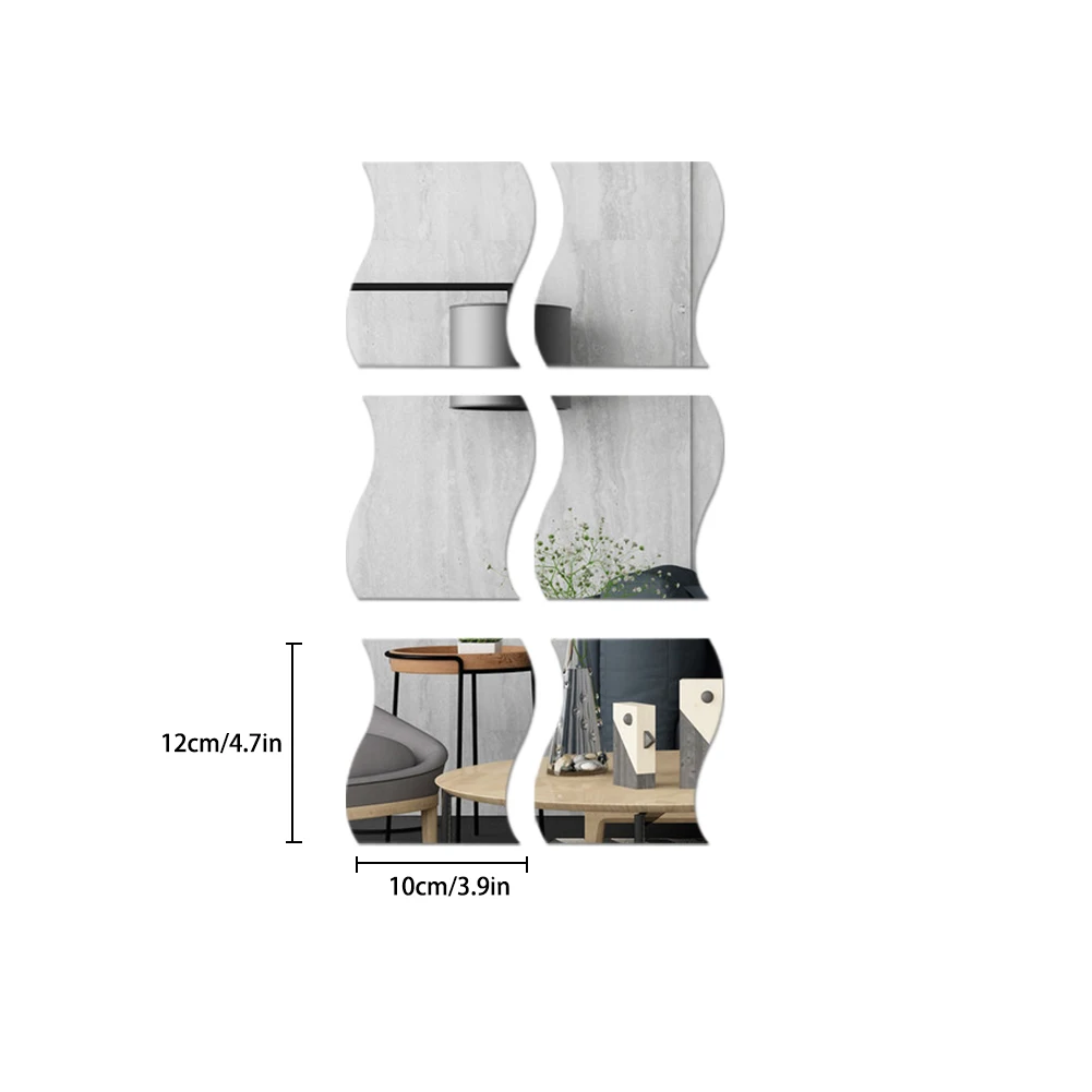 Зеркальные настенные наклейки 6 шт. 3D Волнистые квадратные клейкие для гостиной