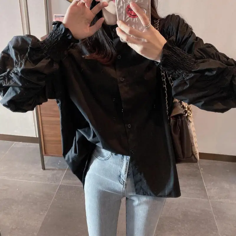 

Fresh Pleated Women Blouse 2020 Irregular Female Office Ladies Tops Solid Elegant Casual All Match Loose Stylish Shirts
