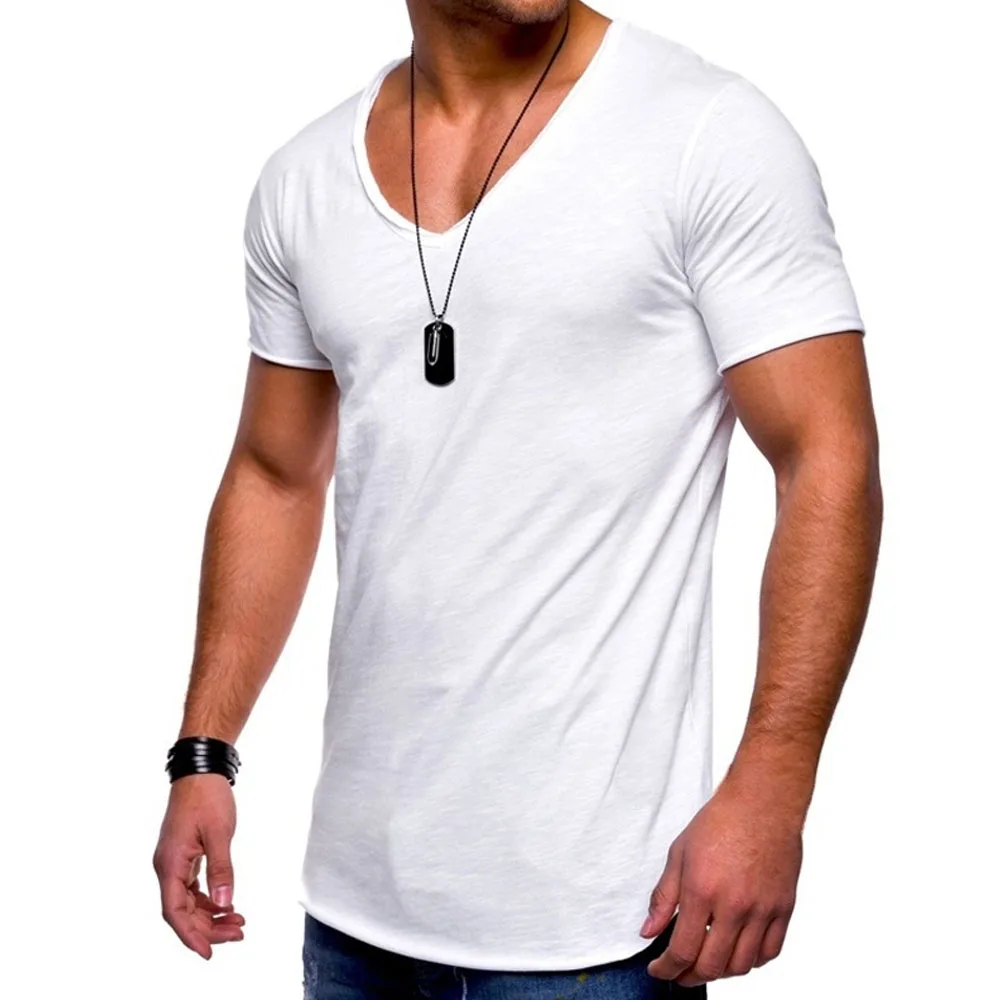 Мужские футболки с коротким рукавом v образный вырез Тонкая Повседневная