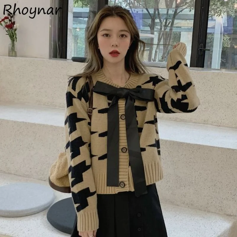 

Cardigan Women Fashion Black Bow Cute Print Bird Lattice Sweaters Cropped New Slim Knitting Ins Outerwear Harajuku Leisure Daily