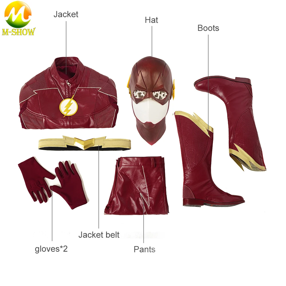 

Superhero Flash Cosplay Costume Barry Allen Outfit Luxious Red Suit Top Pants Headwear Boots Full set Any size for Halloween