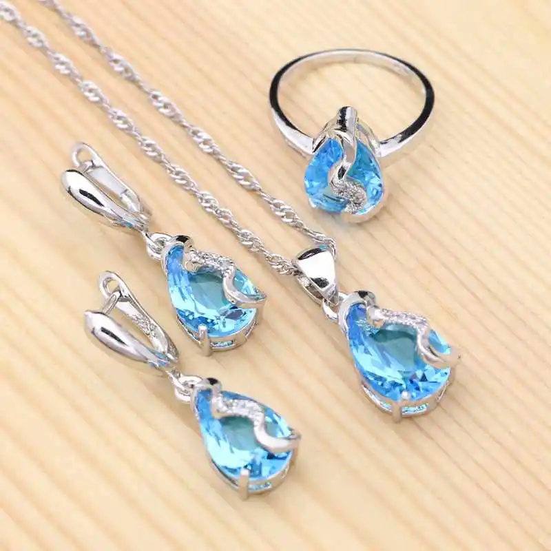

925 Sterling Silver Bridal Jewelry Sky Blue Cubic Zirconia Trendy Jewelry Sets For Women Wedding Earrings/Pendant/Necklace/Ring