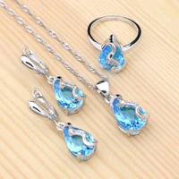 925 sterling silver bridal jewelry sky blue cubic zirconia trendy jewelry sets for women wedding earringspendantnecklacering