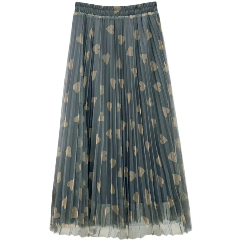 

New Summer Love printed double layer mesh midi long skirt for women's spring high waisted slim vintage pleated A-line skirt