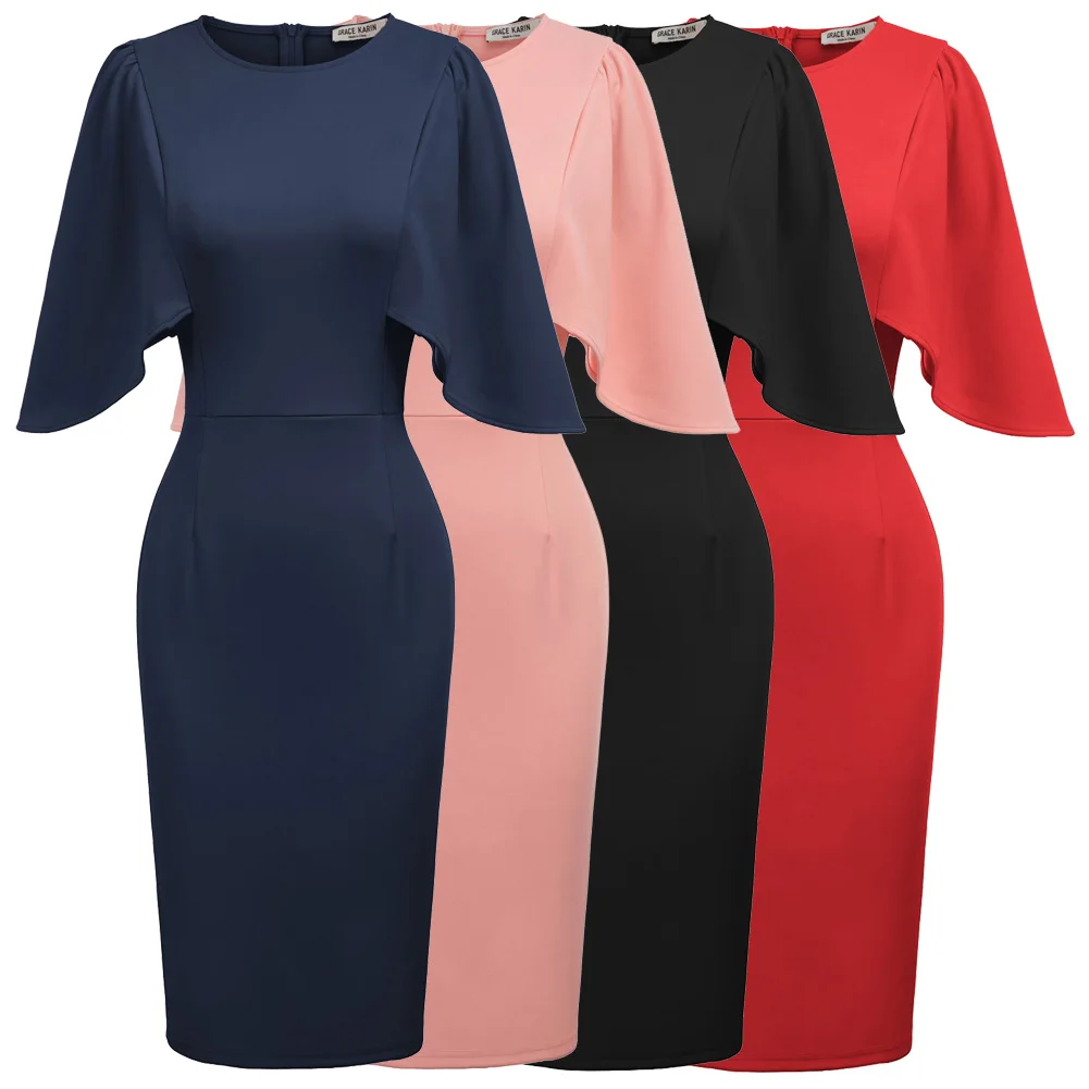 

Grace Karin Women Dresses 3/4 Ruffle Sleeve Crew Neck Hips-wrapped Bodycon Pencil Dress Elegant Fit New 2020 Dresses Summer Lady