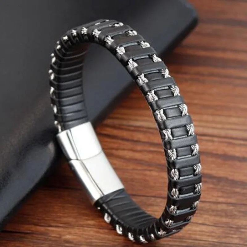 

Classic Twisted Chain Braided Leather Bracelet Men Metal Magnetic Clasp Braceletfashion Casual Jewelry Free Shipping