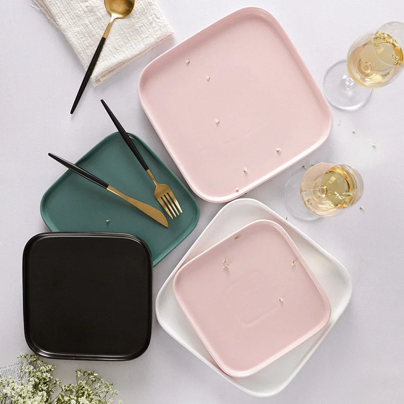 

8 Inch European Simple Square Plate Ceramic Tableware Home Matte Glazed Flat Steak Plate Green Plate Green Plate