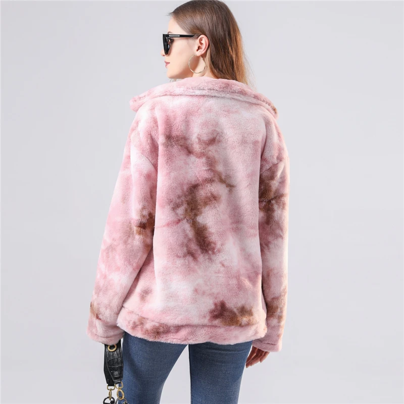 

Women Plush Fleece Coat Casual Tie-dye Faux Fur Jacket Winter Warm Zipper Outwear Women Zipper Long Sleeve Turn-down Collar Coat