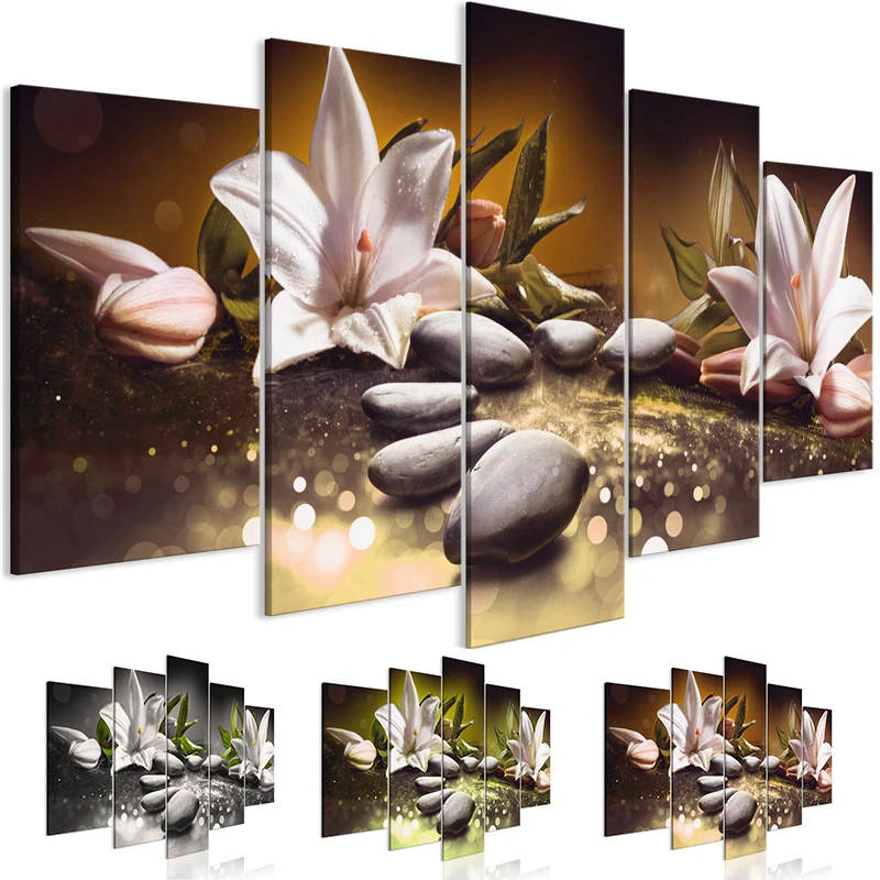 Lilies Stones Wall Art 5 Panel Posters and Prints Flower Canvas Modular Pictures Women for Living Room Decorative Painting|Рисование и