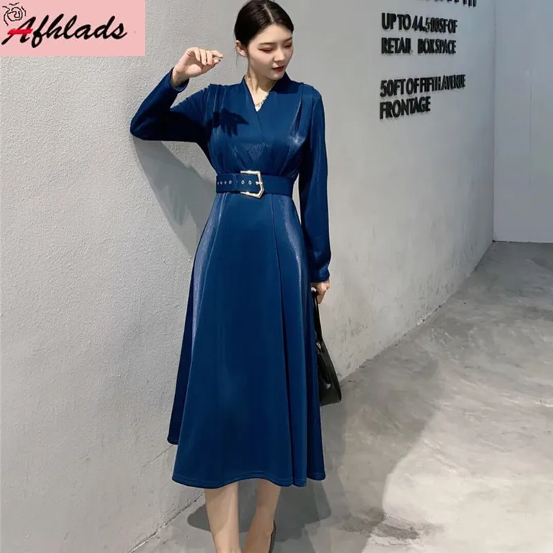 

Autumn New Style Plus Size Women's Wear Dress Long Sleeved V-Neck Solid Color High Waist Elegant Fashion Vestidos With Belt