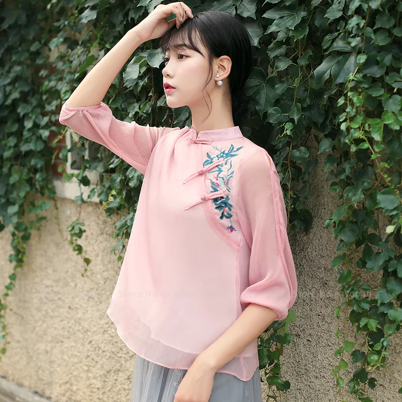 Женская элегантная шифоновая блузка Hanfu топы Ципао корейская мода рубашки в