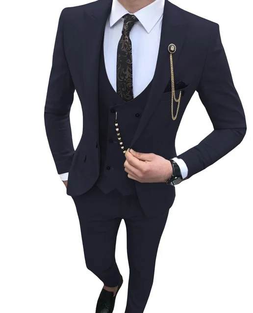 navy blue Мужской костюм, приталенный, 3 предмета, королевский синий, Повседневный, выпускной, смокинг, жених, остроконечный, с отворотом, Деловой, для свадьбы, костюмы для мужчин(Блейзер+ жилет+ брюки - Цвет: navy blue