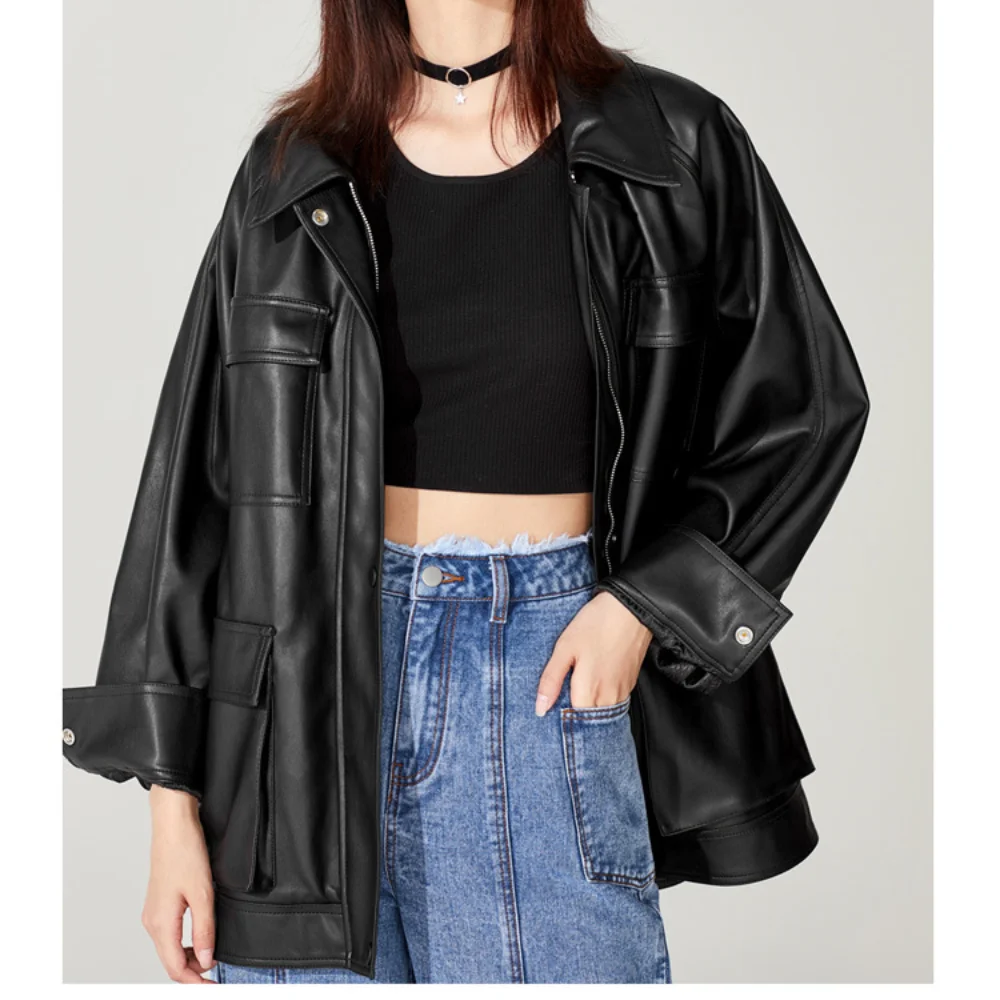 Winter Black Leather Jacket Women Korean Thin Loose Moto Jacket Female 2021 Spring Fashion Streetwear Lady Outerwear Biker Coats