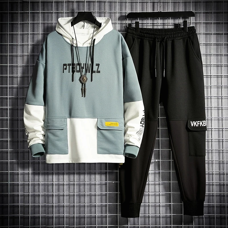 

Men's track suit, running suit, patchwork hoodie suit, men's fleece hoodie + pants exercise two-piece gym sweatshirt suit