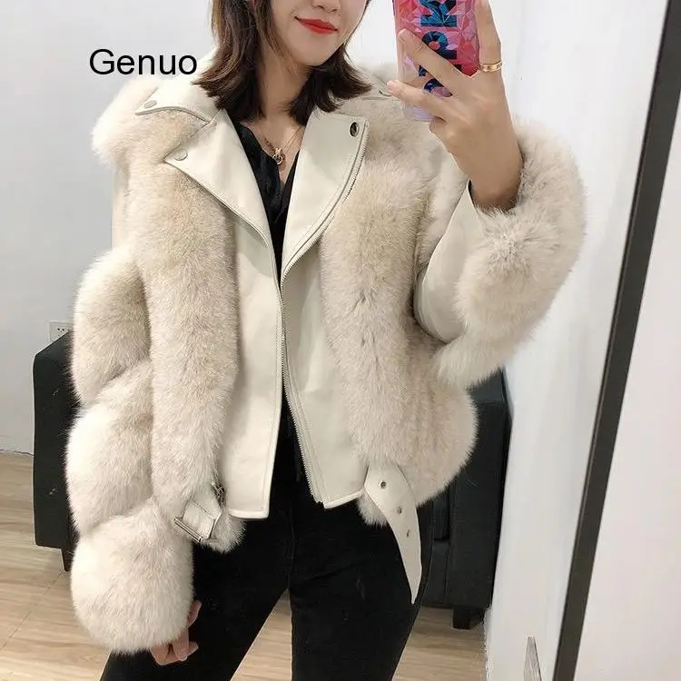 High Quality Furry Cropped Faux Fur and Leather Patchwork Jacket Women Short Coat Fake Fox Outwear Winter Overcoat | Женская одежда