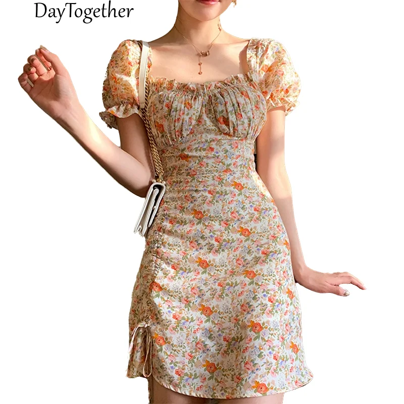 

Women's Summer Long Dress Print Puff Sleeve Orange Ladies Sexy A-line Skirt Short Sleeveless Midi Dresses