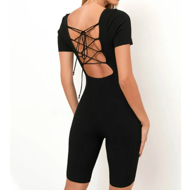 

Summer Ribbed Backless Lace Up Playsuit Women Short Sleeve Fashion Skinny Romper Solid Bodycon Sexy Playsuits