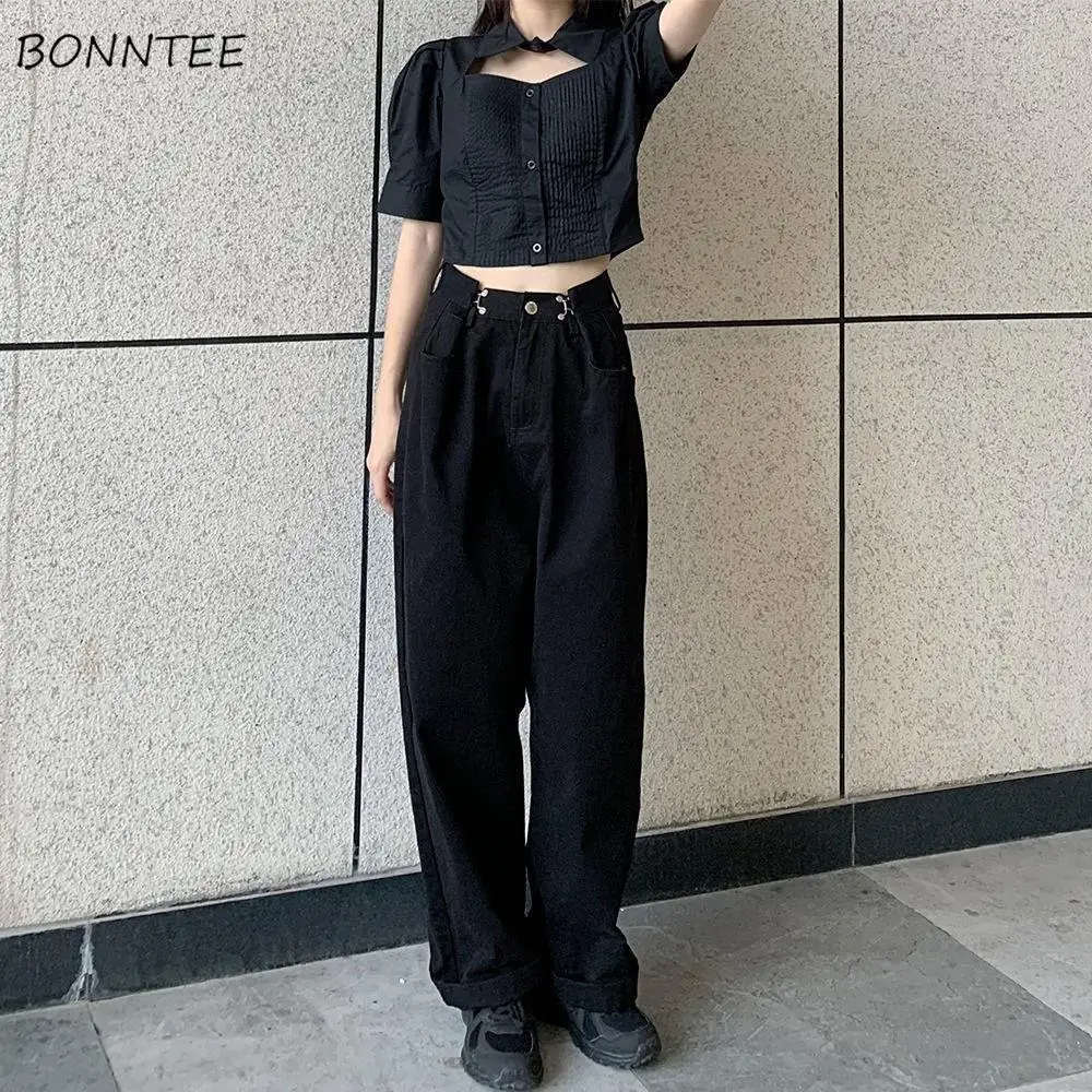 

Джинсы женские, весенние, черные, широкие, с высокой талией, в стиле Харадзюку