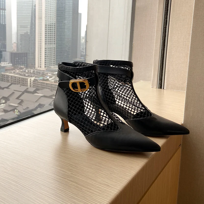 

Hjwsfdcai Metal Decor Hollow Out Mesh Women Shoes Sexy Pointed Toe Fashion Female Buckle Strap Shoes Street Style Mujer Footwear