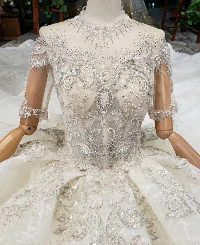 Тюль Половина рукава Иллюзия Высокая шея Weding платья Пышное Свадебное Платье